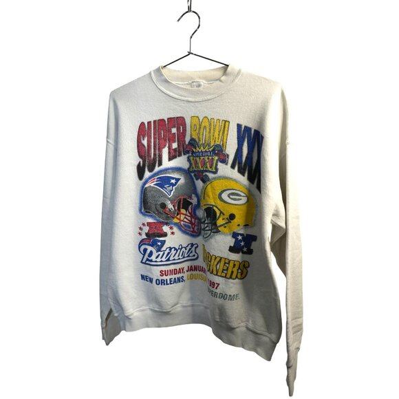 Vintage 1997 Super Bowl XXXI Patriots Packers Pullover Sweatshirt White Large - Picture 1 of 6